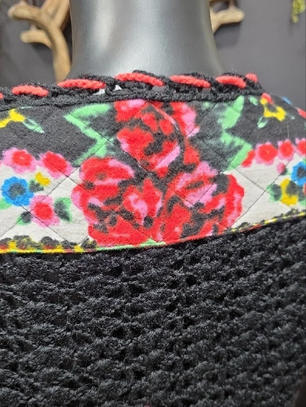 Rare! Free People Black Crochet Tunic with Red & Green Floral Yoke